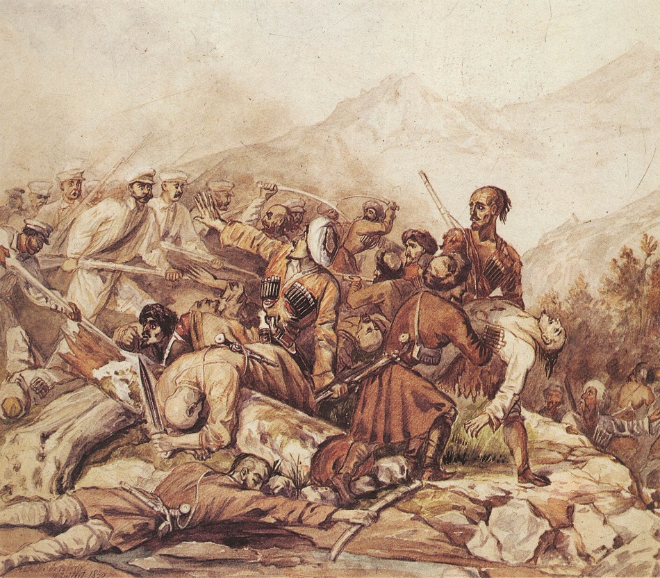 Mit dem Kaukasuskrieg begann ab 1817 die eigentliche Kolonialisierung Tschetscheniens / „Die Schlacht am Walerik“, Aquarell von M. Lermontow und G. Gargarin, 1840